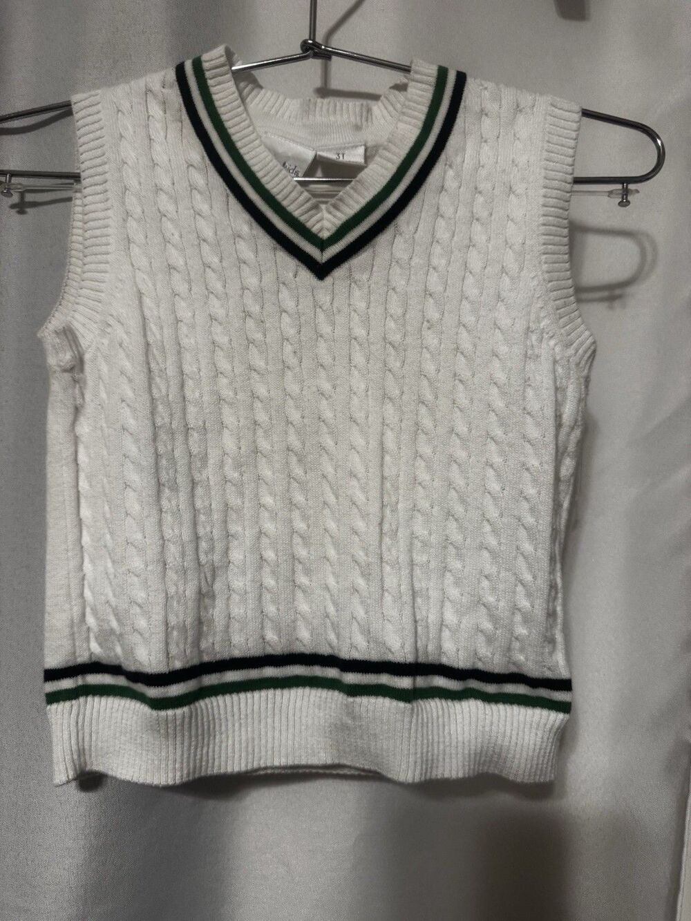 Koala Kids 3T Sweater Vest White Green Navy Cable Knit V-Neck 100% Cotton